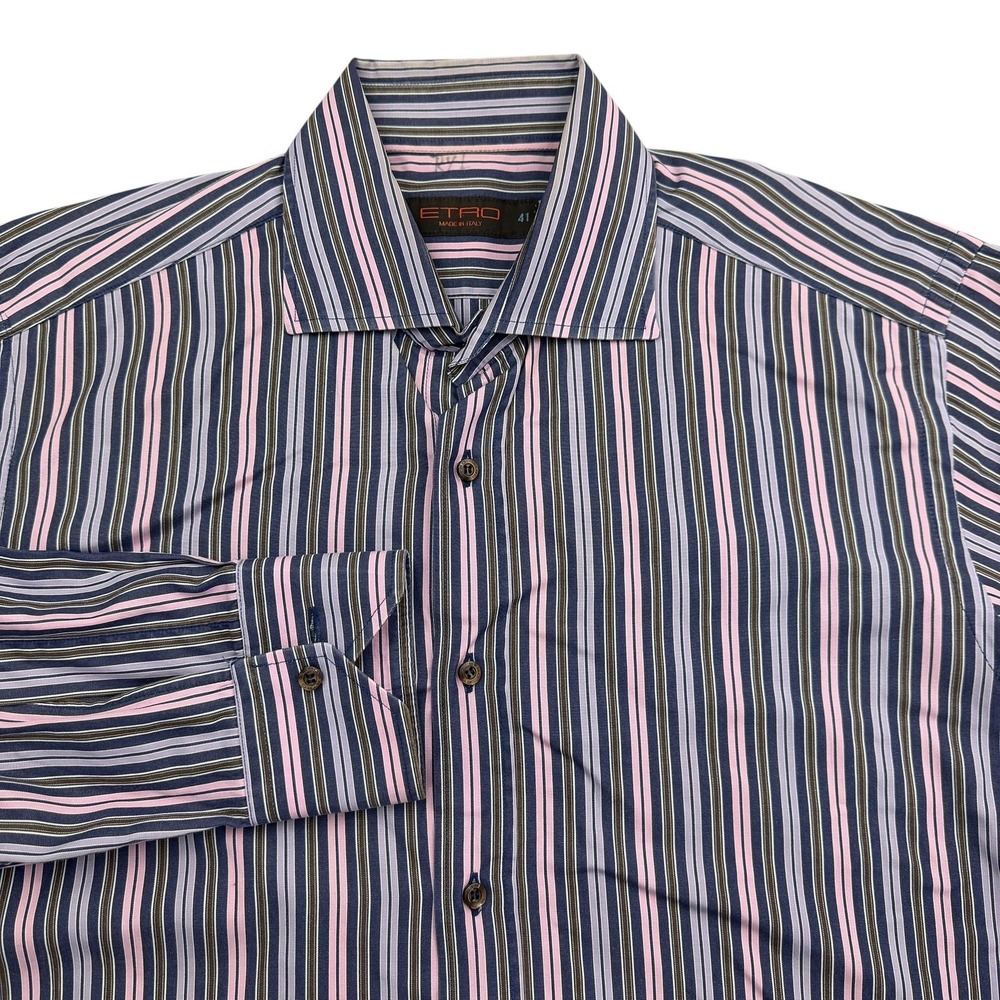 ETRO Shirt Mens 41 Blue Long Sleeve Button Up Point Collar Striped Italy Large